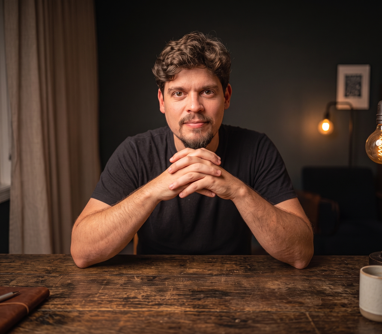Guilherme, arquiteto e fundador da Tekton Digital, em seu escritório com iluminação acolhedora e postura estratégica.